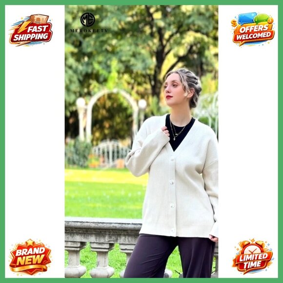 Oversized V Neck Cardigan Open Front Loose Knit Soft Fall Sweater Chic - Picture 7 of 7